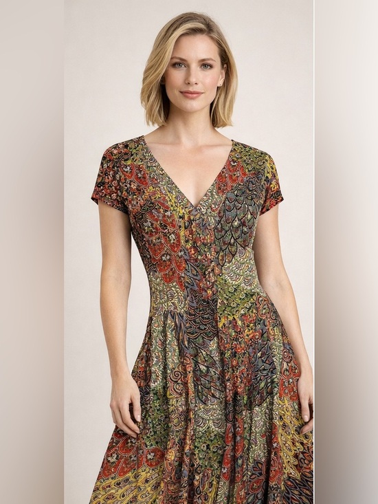 Joseph Ribkoff Dresses & Skirts - Joseph Ribkoff Dress Women 8 Paisley Peacock Print V Neck MIDI Multicolor